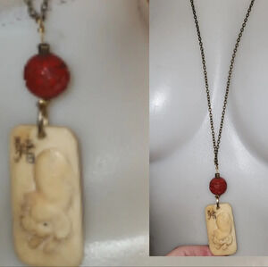 Vintage Cinnabar‎ bead Asian Boar necklace